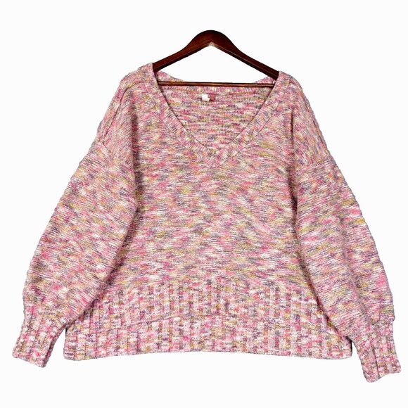 Pilcro Sweaters - Pilcro Sweater Women's Medium Pink Speckle Knit Deep V-Neck Side Slits Oversized